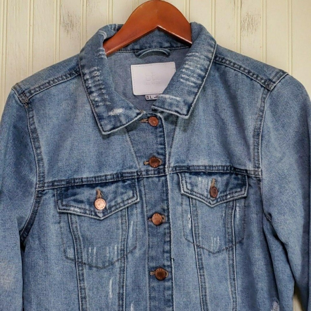 BBJ Los Angeles Jacket Womens Large Blue Denim Distressed Cropped Raw Hem Button